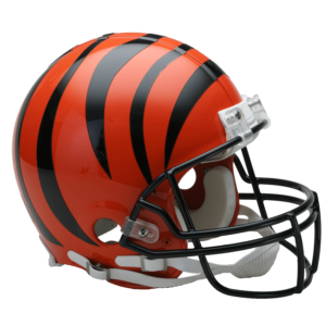 Cincinnati Bengals Helmet Logo (1968) - Orange helmet, Bengals in black  outlined in white, grey facemask